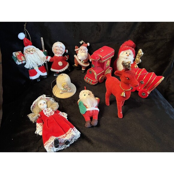 Lot Of 9 Vintage Flocked Felt Porcelain Christmas Ornaments Santa Reindeer - Picture 1 of 12